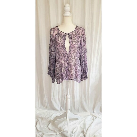 Nili Lotan Acaidia Blouse Women Small 100% Silk Purple Paisley Sheer Top Boho - Picture 2 of 16